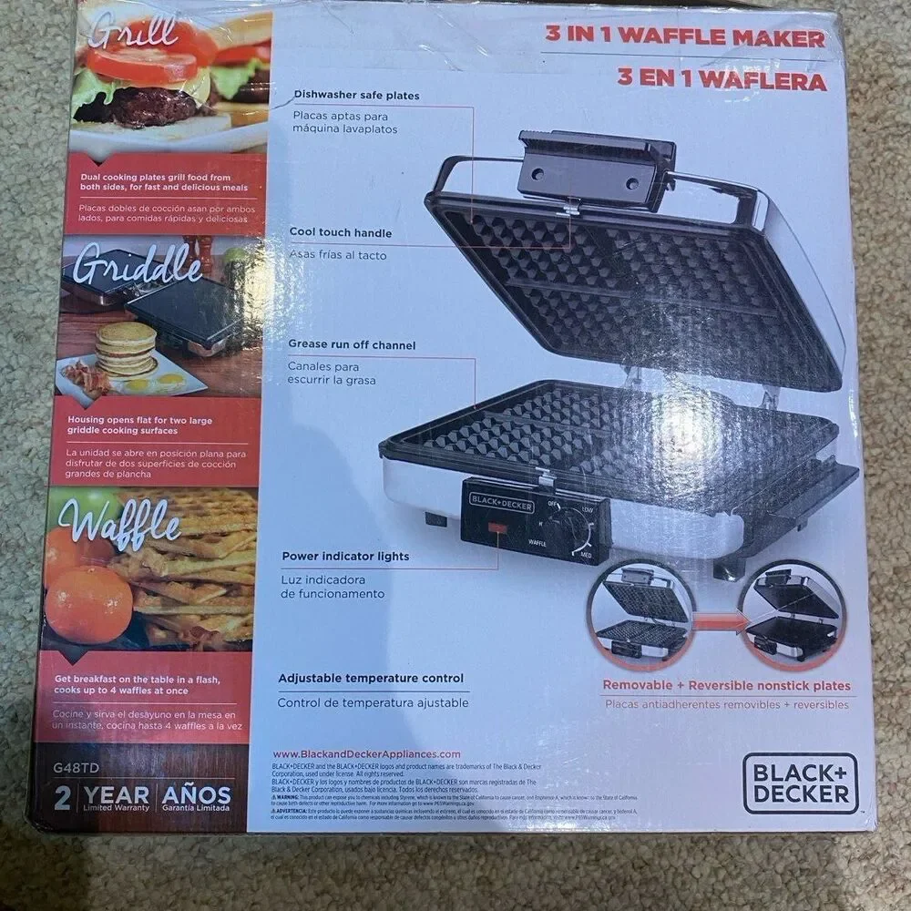 Black and Decker waffle maker grill griddle reversible cooking plates NWT G48TD